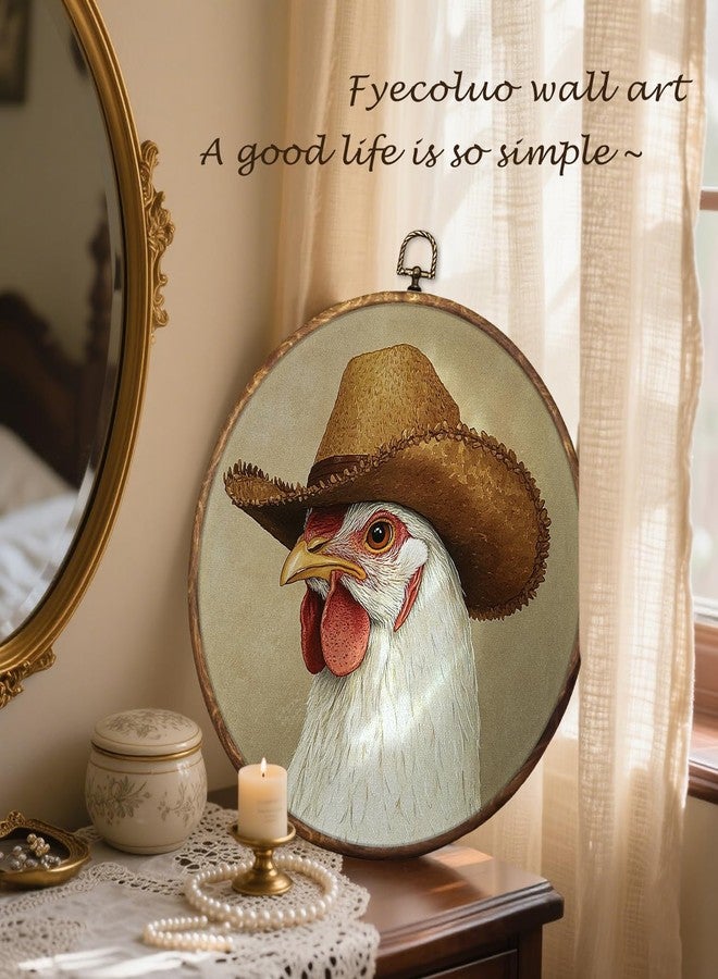 HUGANE Vintage Rustic Western Rooster Round Wall Art Decor, Southwestern Country Cowboy Chicken Hanging Canvas Framed Prints Wall Sculptures for Home Bedroom Living Room Decor, 10x10 Inch - Image 4